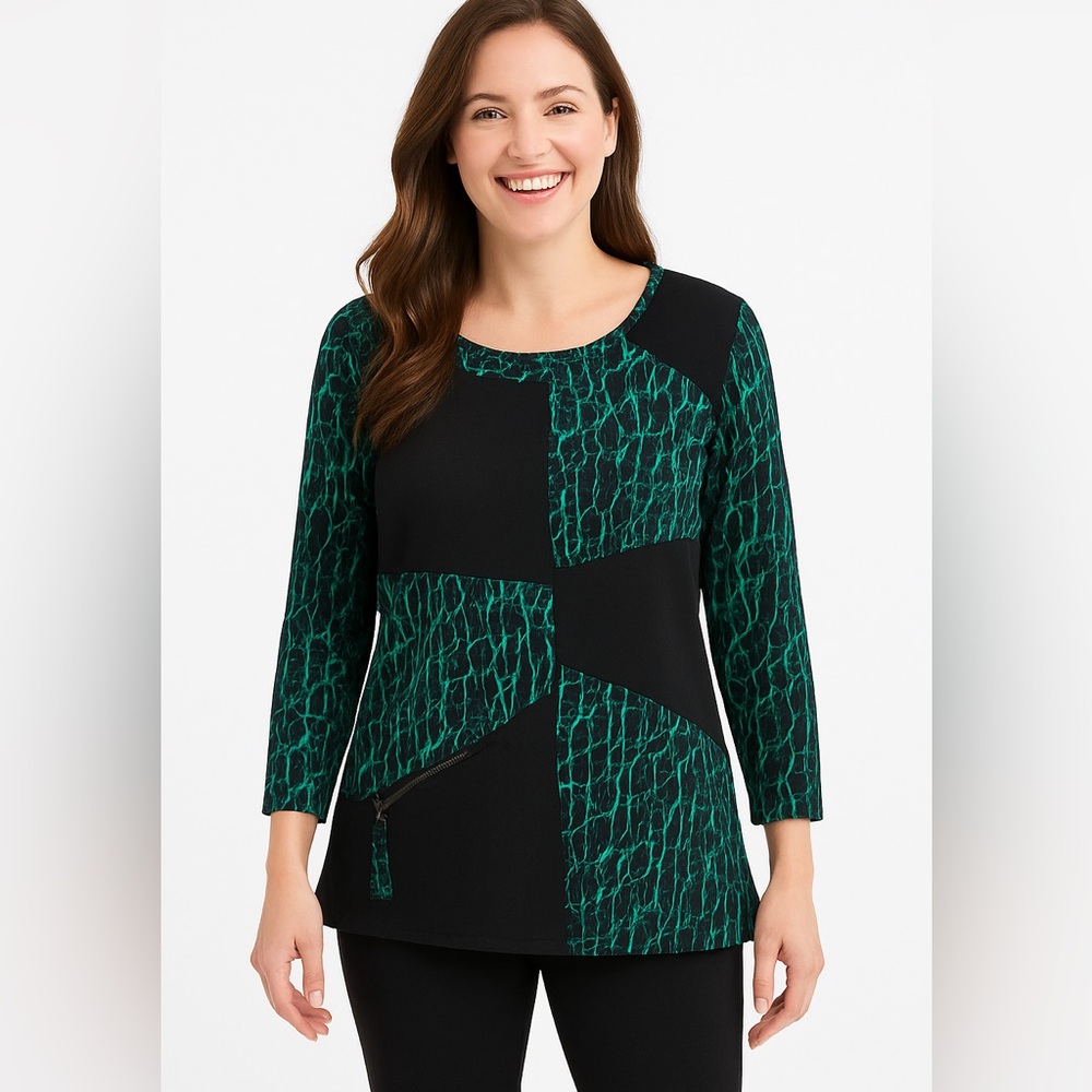 Ali Miles Blouse Women's‎ Size Large Artsy Abstract Office Black Green